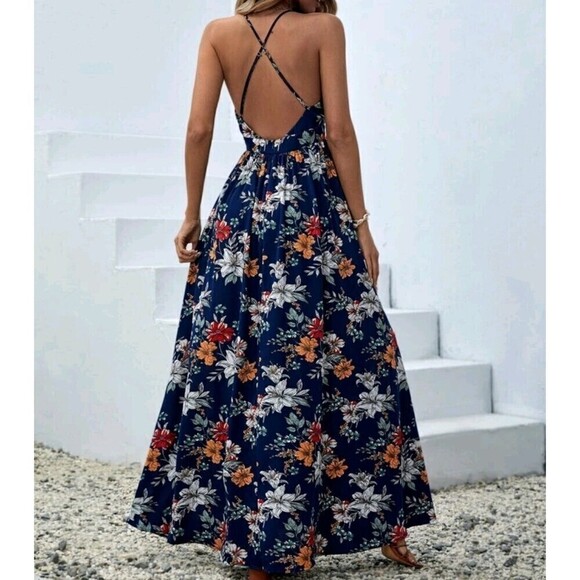 Women's Floral Print Crisscross Backless Cami Dress - Picture 4 of 6